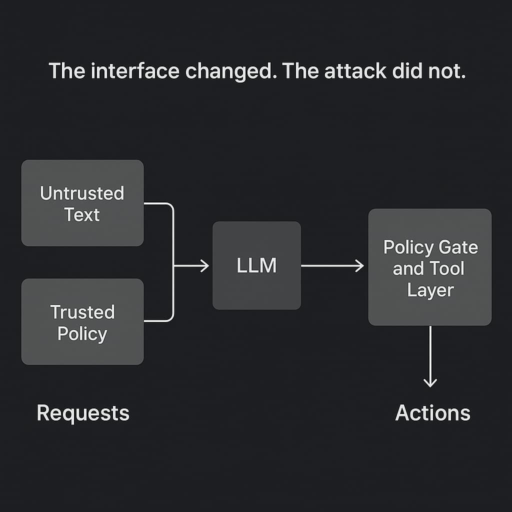 Diagram showing untrusted content and trusted policy flowing into the LLM, then a separate deterministic policy gate controlling tool calls and blocking unsafe actions.